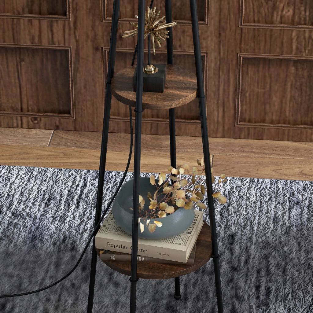 Lampada da Terra a 2 Ripiani ¨C Zephmum ¨C Nero e Marrone, Metallo e MDF, ?42x166 cm