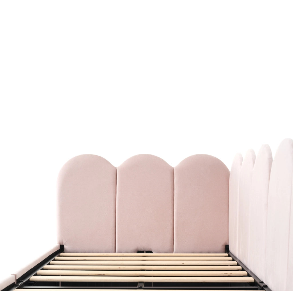 Divano letto singolo imbottito con 2 cassetti; velluto rosa; 90x200 cm