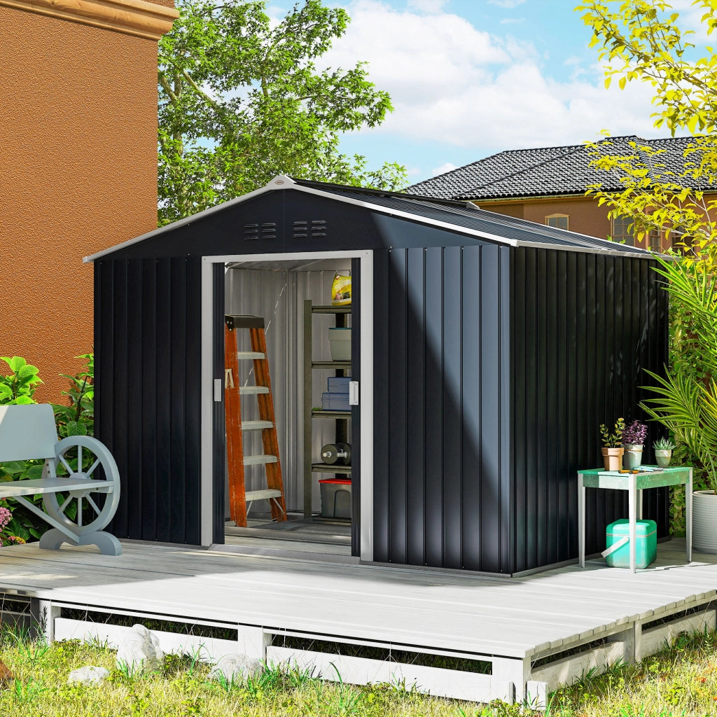 Casetta Porta Attrezzi in Acciaio con Tetto Inclinato e 2 Porte Scorrevoli ¨C zephmum ¨C Grigio Scuro 277x195x192 cm