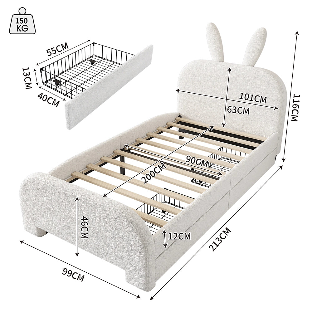 Letto per bambini con cassetto - Xylo - 90x200 cm - Bianco - Lana di pecora resistente forma coniglio cartoon
