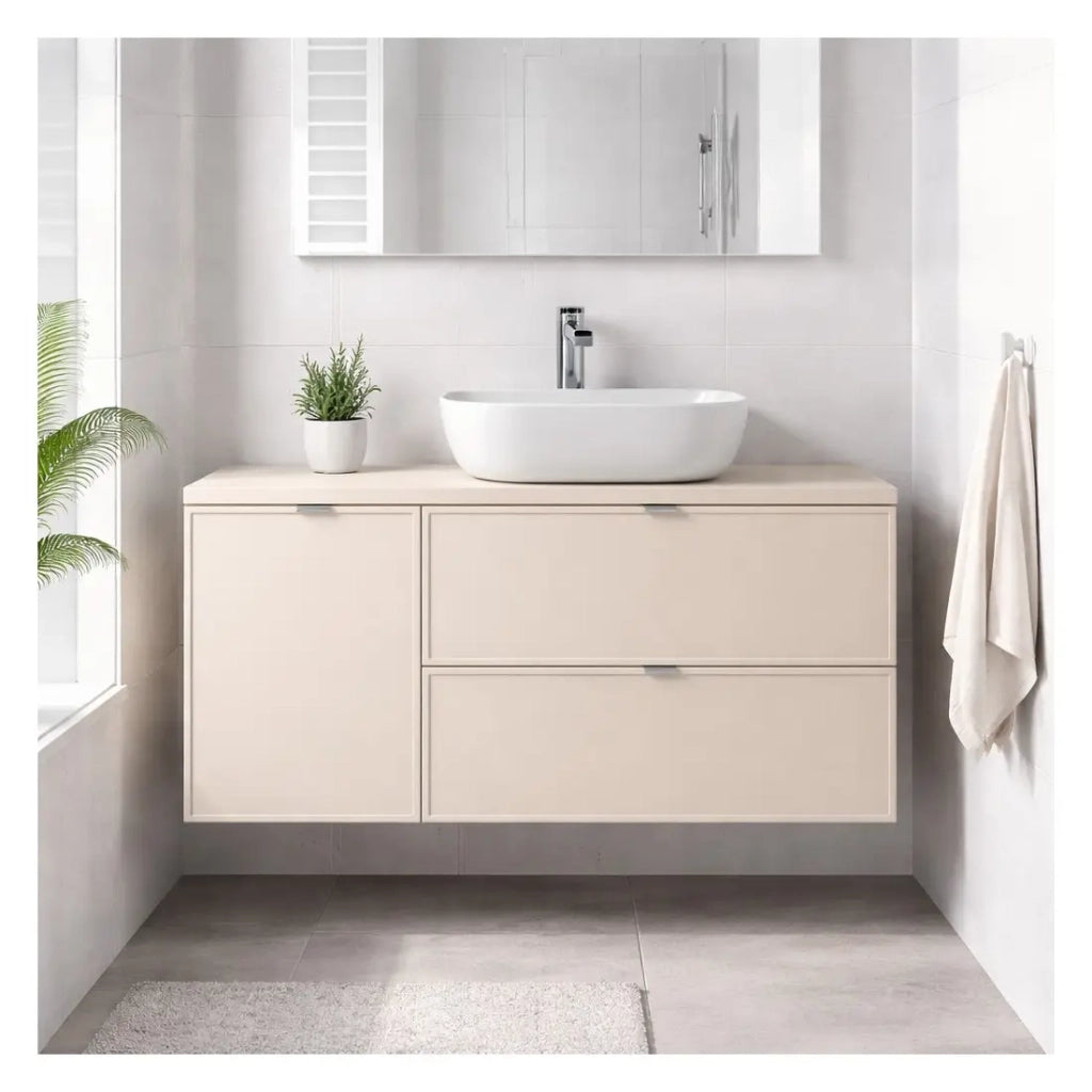 Insieme BRAZZA: mobile sottolavabo con cassetti 120cm con cesto per la biancheria + piano per lavabo + lavabo da appoggio cachemire