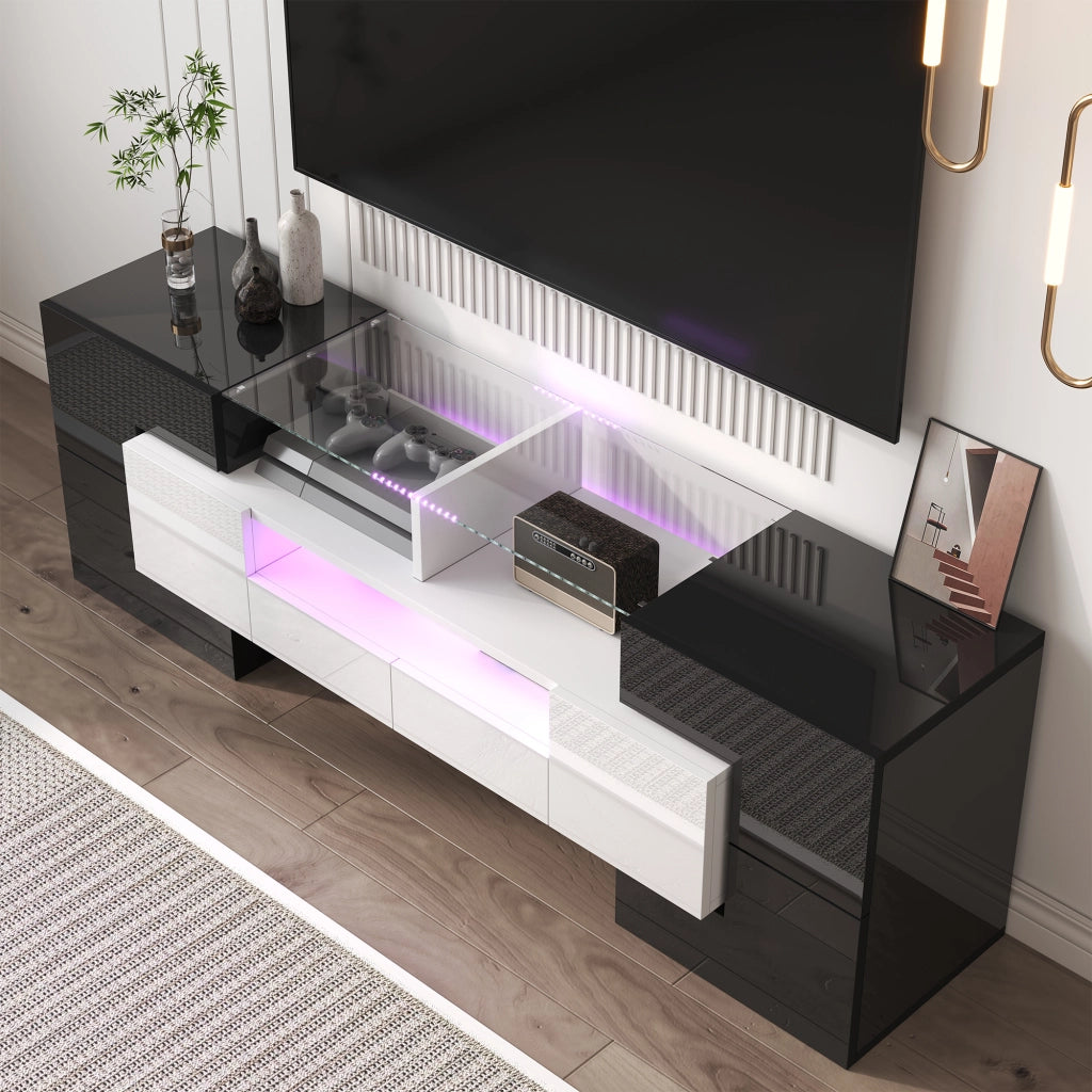 Credenza TV bianco lucido e nero in truciolare 145 cm