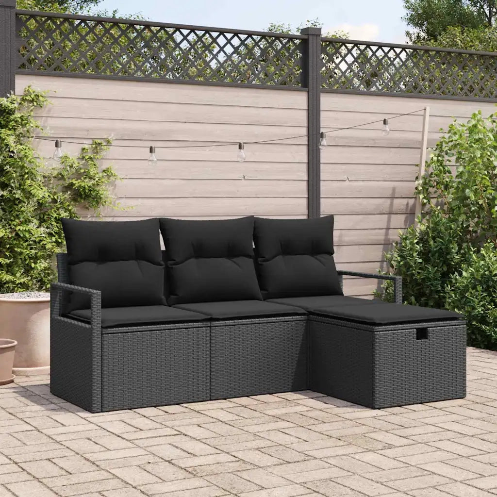 Set Divano da Giardino con cuscino 4 pcs Nero Poly Rattan