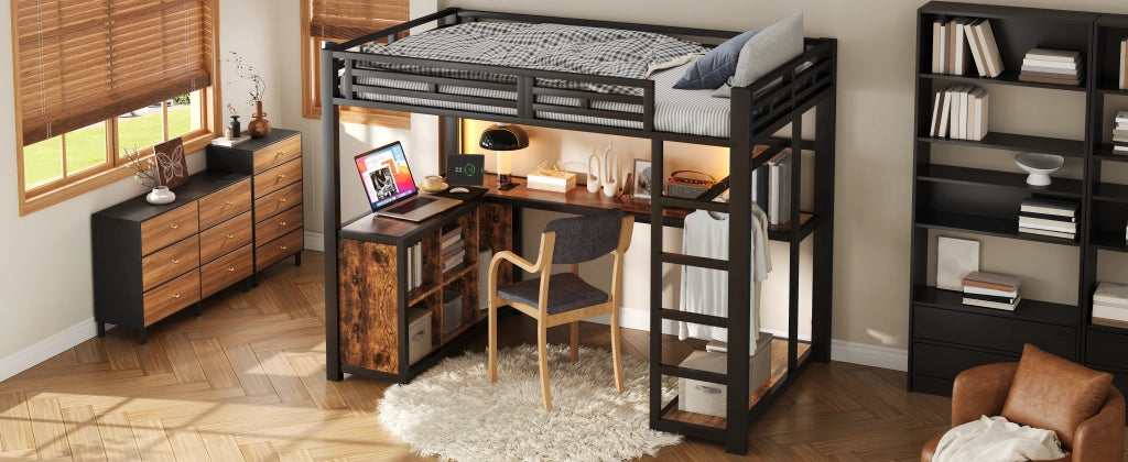 Letto alto in metallo 140x200 scrivania con luci LED e portaoggetti USB in metallo nero