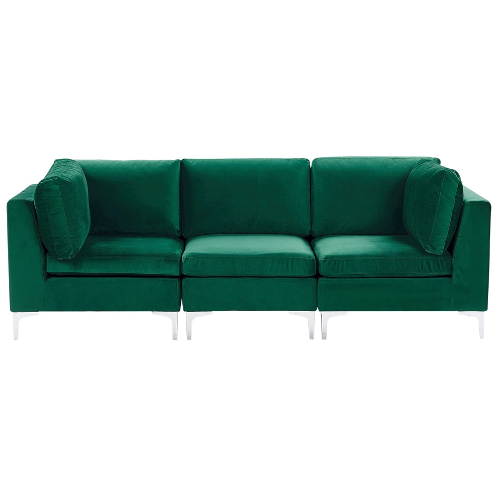 Divano Componibile Velluto Verde 3 Posti Gambe In Metallo Argento Stile Glamour