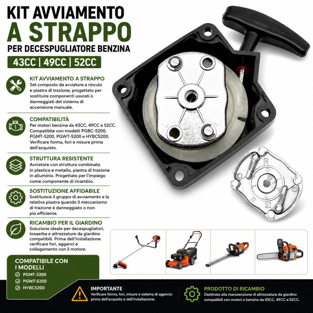 Kit Avviamento Strappo Decespugliatore 43CC 49CC 52CC con Piastra