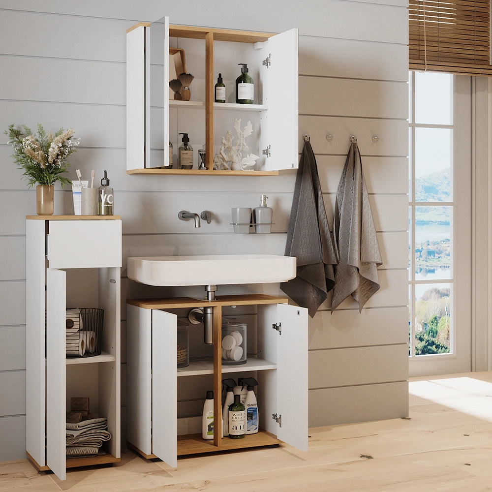Vicco Set mobili bagno Bianco/Artisan 3 pezzi, mobile midi con cassetti 60 cm