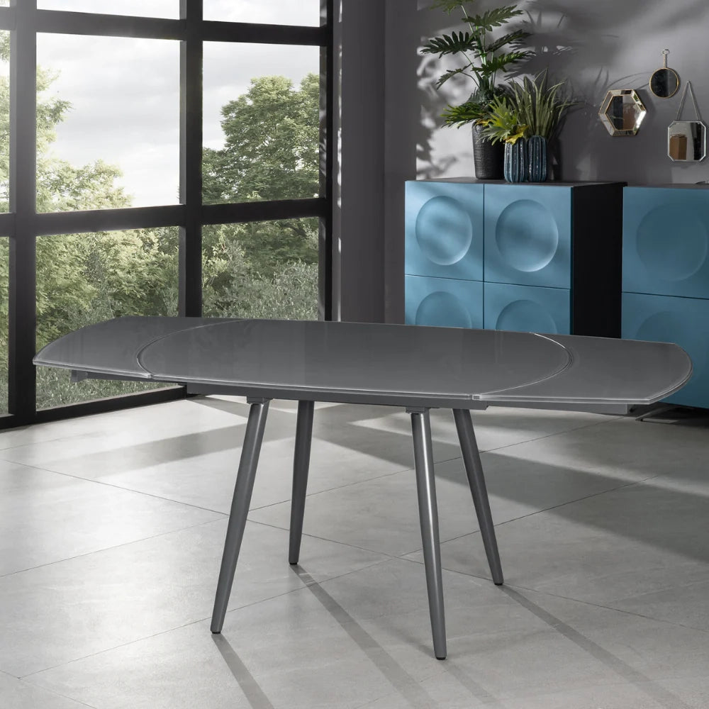 Tavolo da pranzo allungabile in vetro temperato grigio Ricky 120-180x90 cm fino a 8 posti | Duzzle