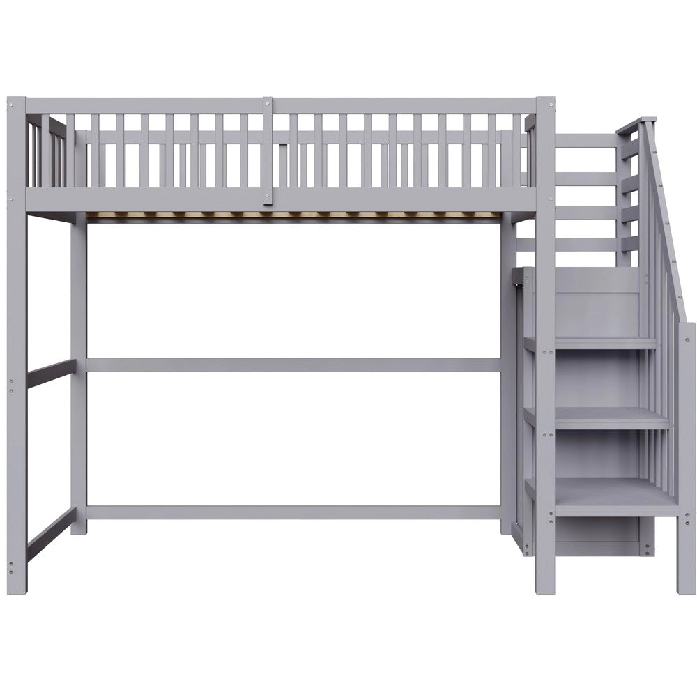 Letto a Soppalco con Scala e Armadio ¨C MINIMAL ¨C Legno Grigio 90x200