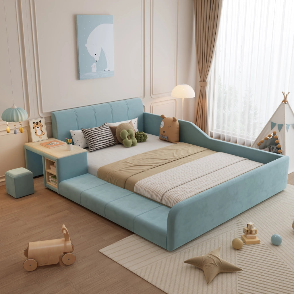 Letto Singolo Imbottito con Scrivania e Sgabello ¨C MINIMAL ¨C Velluto Blu 140x200