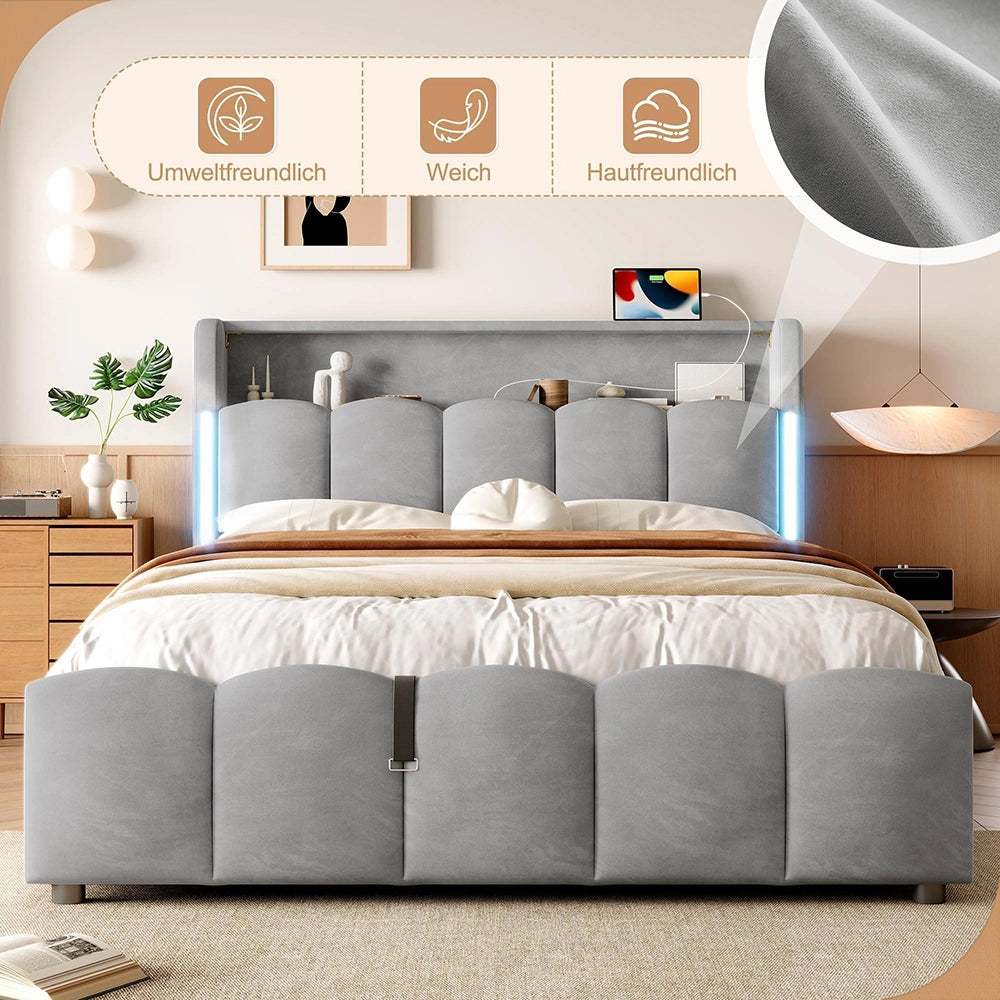 Letto 140x200cm?- Xylo - idraulico USB velluto grigio