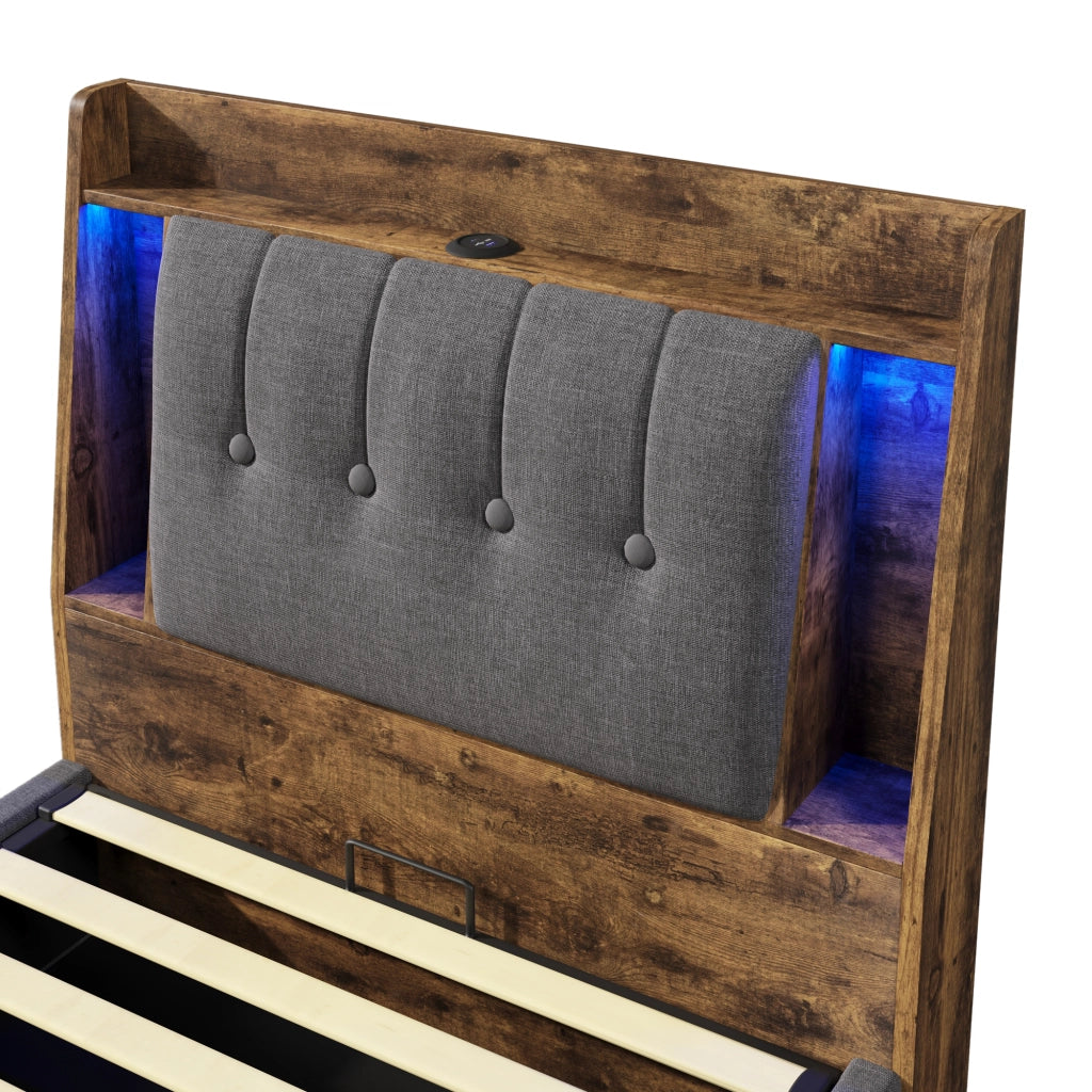 LETTO Imbottito 90x200 cm Grigio in lino e MDF con USB Type-C, LED e vani