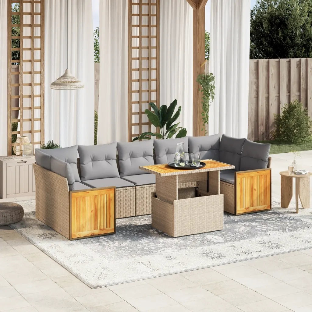 Set Divano da Giardino 8 pz con Cuscini Beige in Polyrattan