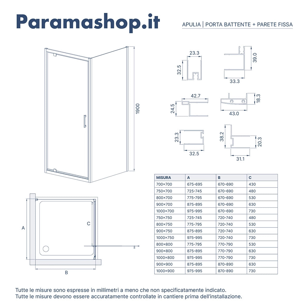 Box doccia 75x80 cm angolare apertura a battente vetro 6mm trasparente | Apulia