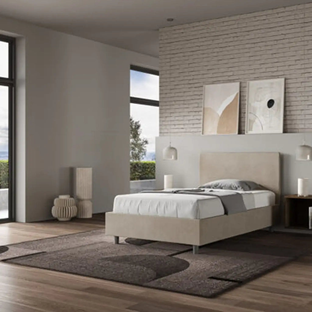 Letto una piazza e mezza con rete imbottito 120x210 microfibra sabbia Adele