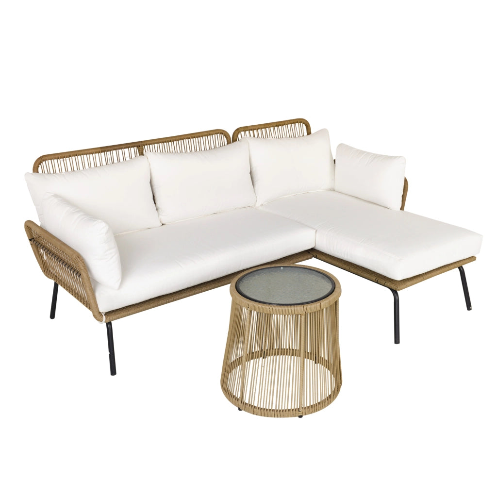 EasyComfort Set da Giardino in Rattan Stile Boho Chic con Divano Angolare e e Tavolino, Crema e Caffè