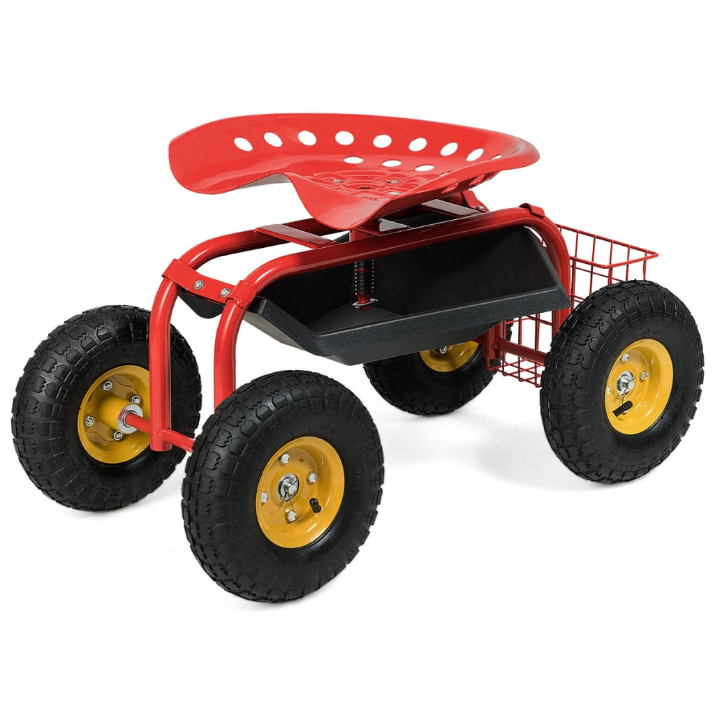 Sgabello da giardino con ruote seduta regolabile in altezza e girevole a 360¡ã cestello, Sedile per giardinaggio Rosso-Attrezzi da giardino