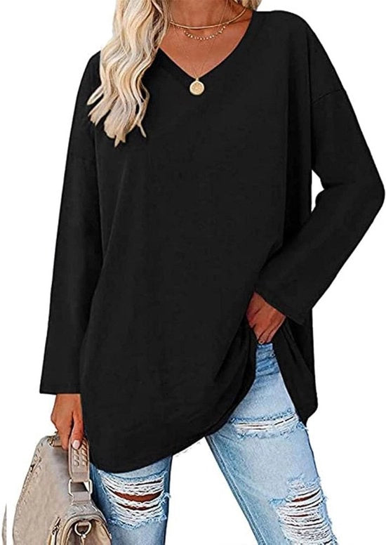 T-shirt con collo V per donne con code lunghe - Top da indossare in libertà - Oversized - Nero