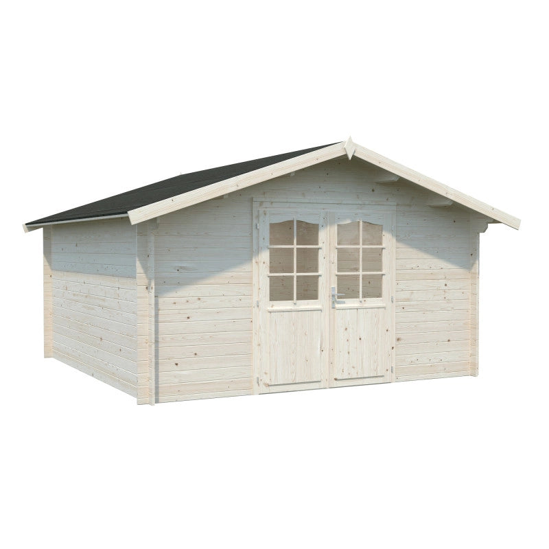 Casetta da giardino in legno 400x400 cm, pareti 28 mm grezze con porta doppia vetrata, per deposito attrezzi e arredo esterno - Esterni da Vivere