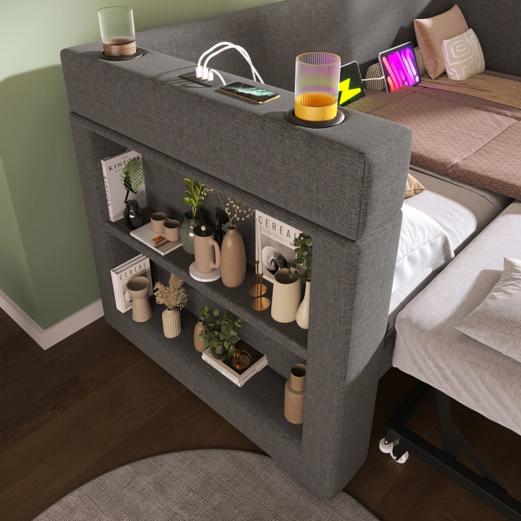 Divano letto estraibile 90x190 cm con USB, portabicchieri e vani laterali