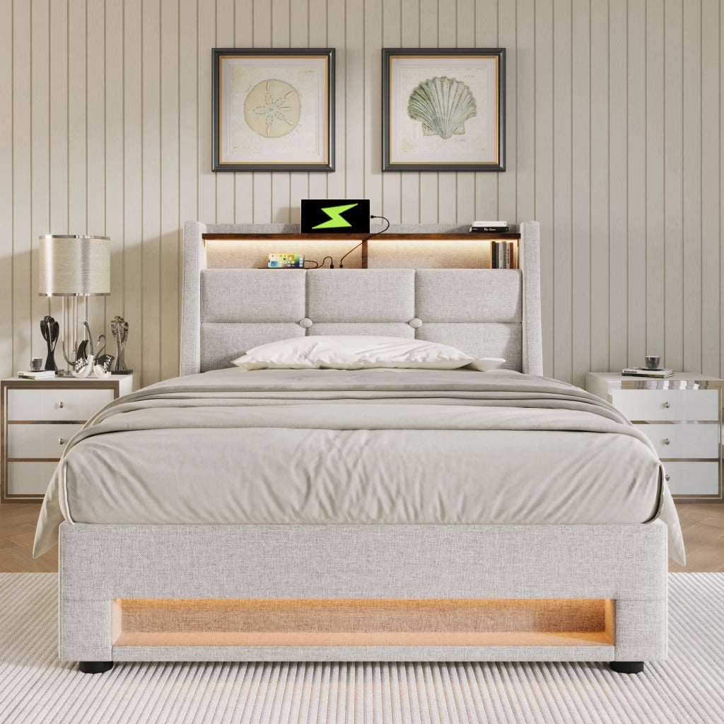 LETTO imbottito 90x200 cm in lino beige con USB e LED