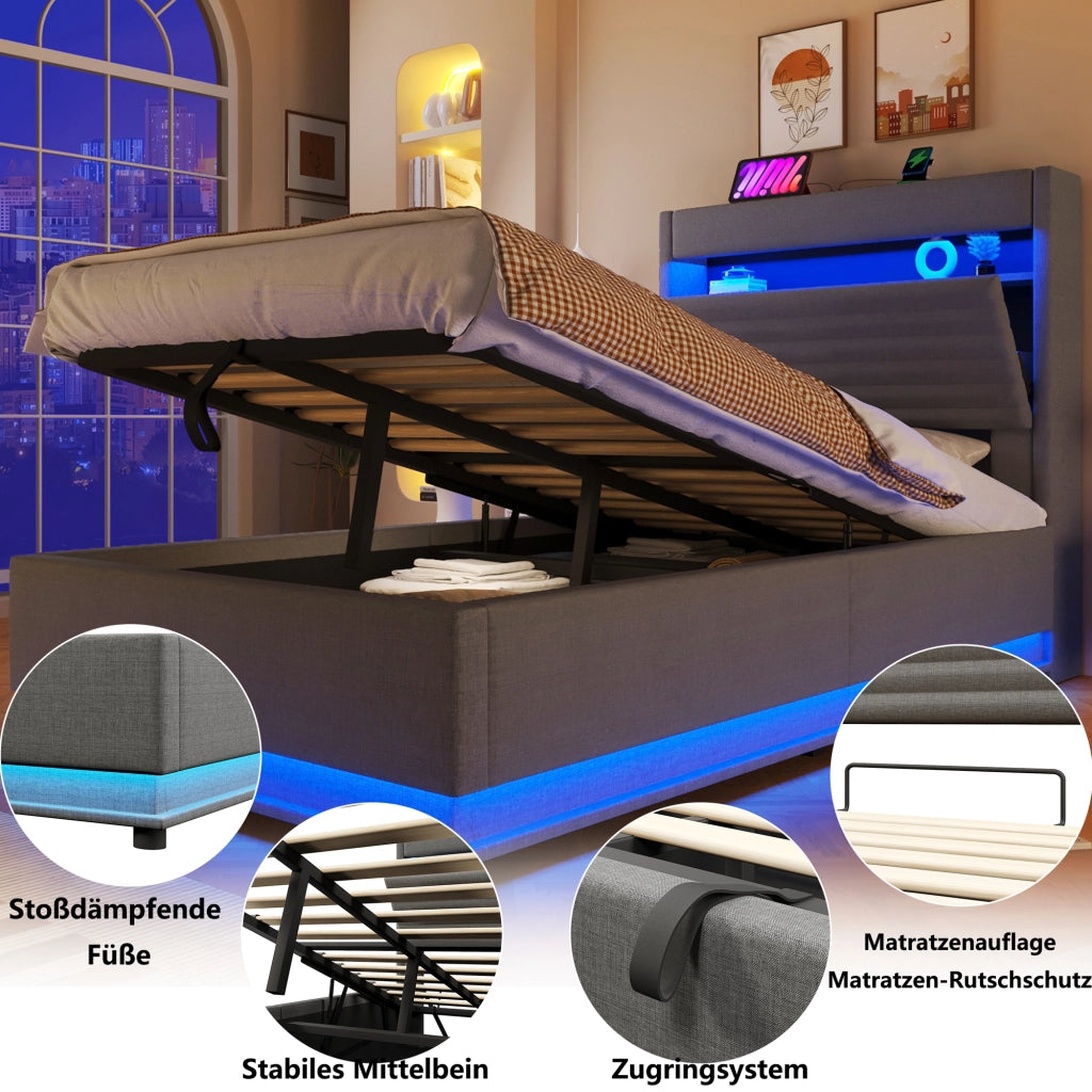 LETTO contenitore 90x200 cm in lino grigio con LED e USB Type-C