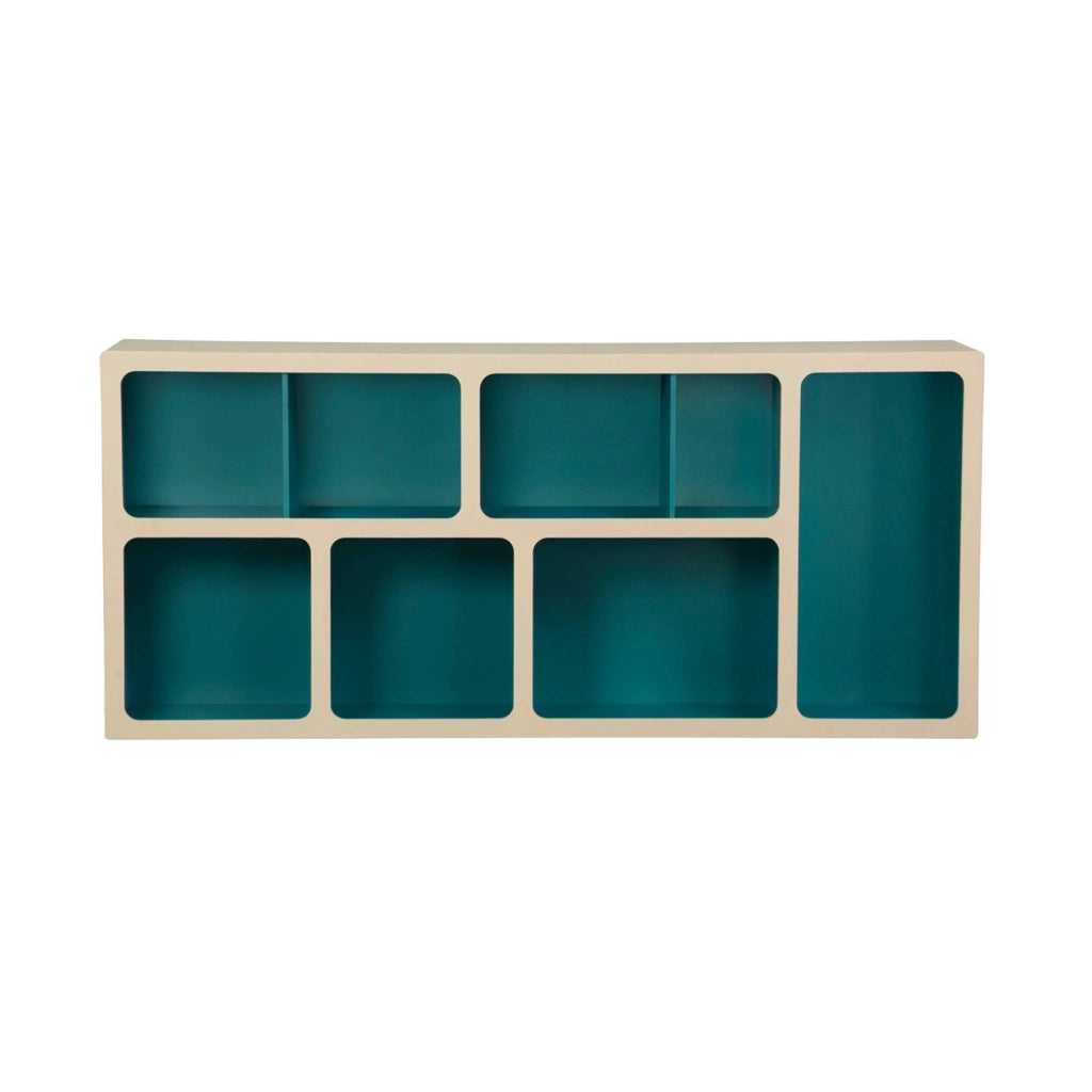 Libreria organica in legno bicolore con 8 scomparti, blu