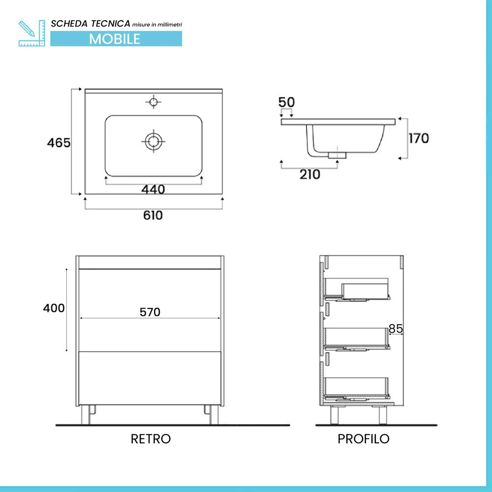 Mobile bagno a terra 60 cm in quercia naturale con lavabo e specchio Leda