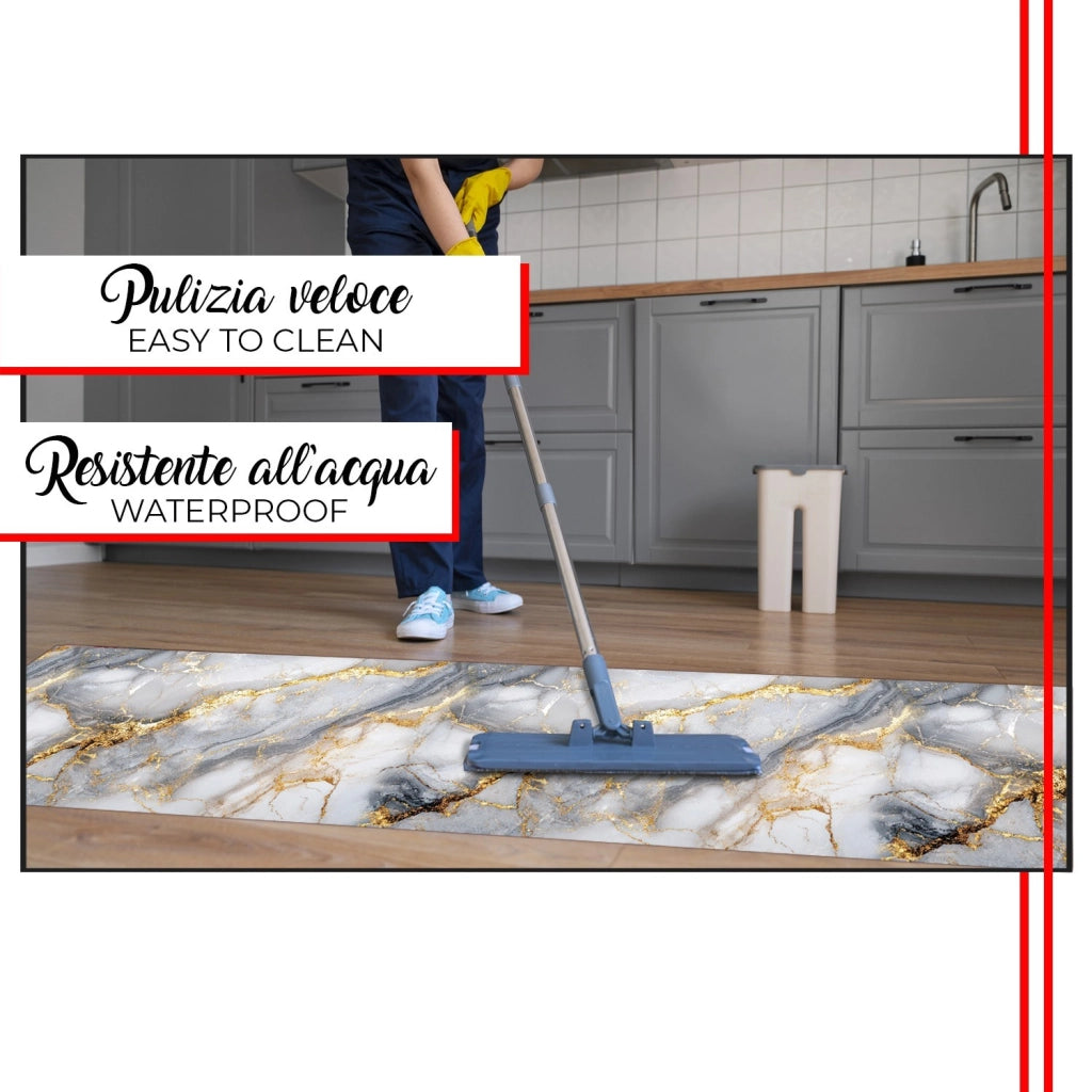 Tappeto Cucina Gomma Stampato Alta Risoluzione HD Antimacchia Antiscivolo Marmo Venato Oro - 51x300 Cm