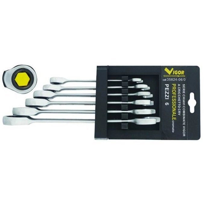 Vigor 35824-06 Serie 6 Chiavi Combinate a Cricchetto 6 Pezzi 72 Denti Testa Poligonale CRV colore Nero
