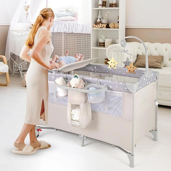 4 in 1 Lettino per Bambini con Materasso, Lettino Culla da Viaggio per Neonati, Culla Neonato con Fasciatoio, Box Portatile Pieghevole, con Ruote e Borsa, 125 x 65 x 119 cm (Beige)