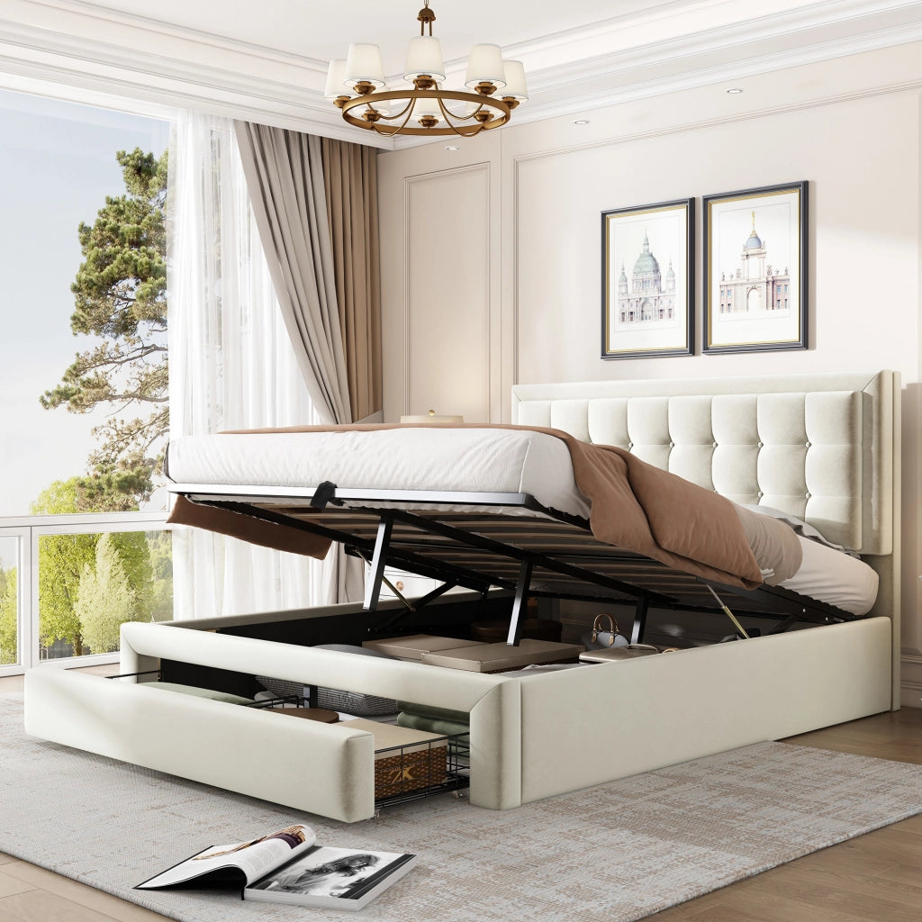 LETTO Imbottito 140x190 cm in velluto beige con 2 cassetti