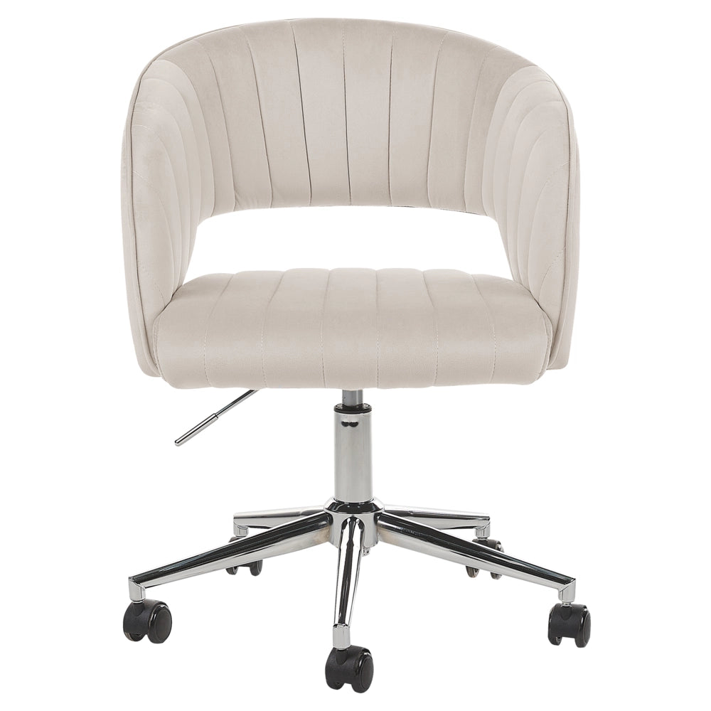 Sedia girevole da ufficio in velluto beige regolabile in altezza e con schienale imbottito