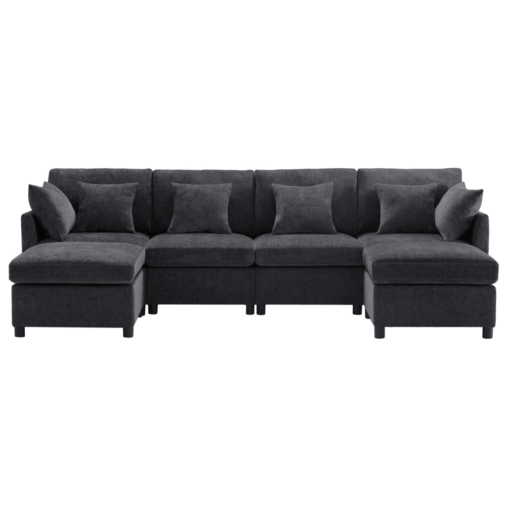 Divano modulare convertibile in forma U e L - Zephmum - Con 2 pouf e 6 cuscini in tessuto chenille