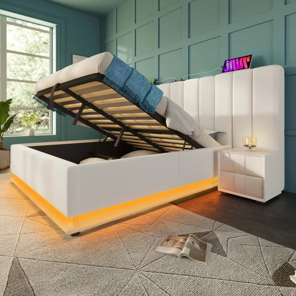 LETTO Contenitore 160x200 cm in PU Bianco con LED e ricarica USB-C