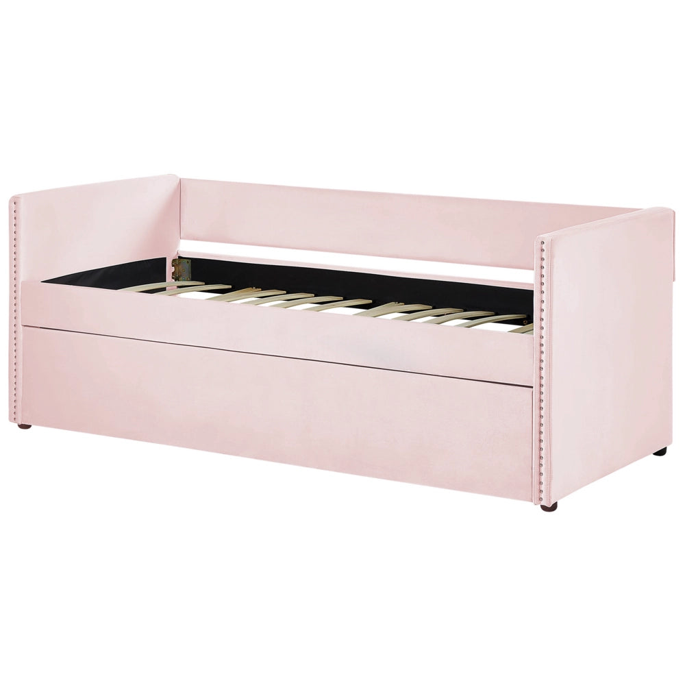 Letto estraibile 90 x 200 cm Velluto rosa Singolo doghe in legno Daybed Glamour Borchie decorative