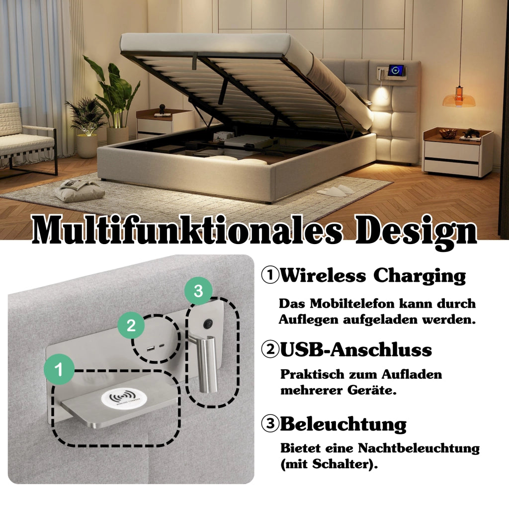 Letto imbottito 180x200 cm - Zephmum - USB, ricarica wireless, luce, contenitore