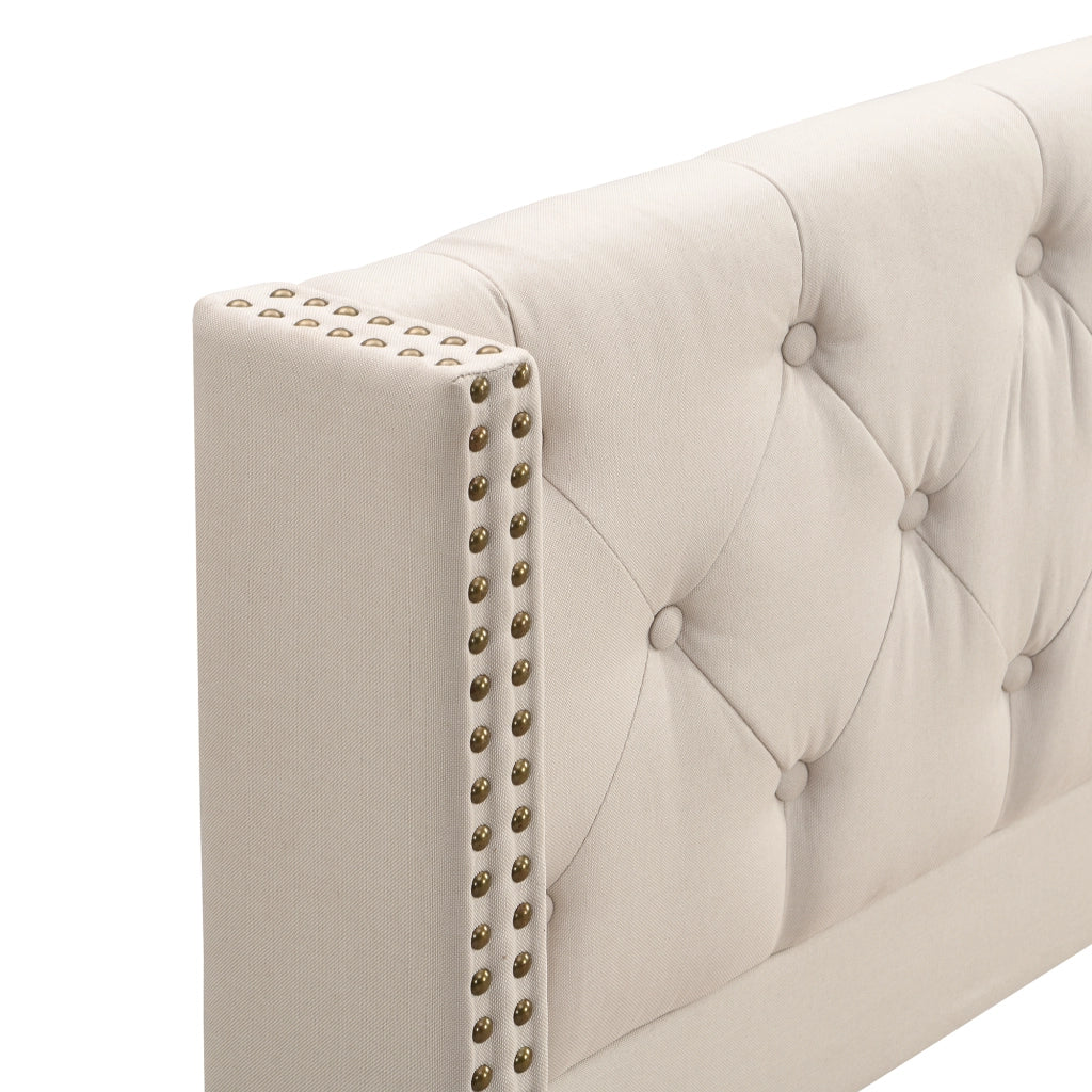 Letto Matrimoniale 160×200 cm Imbottito con Testiera Trapuntata e Borchie; senza Materasso; Beige