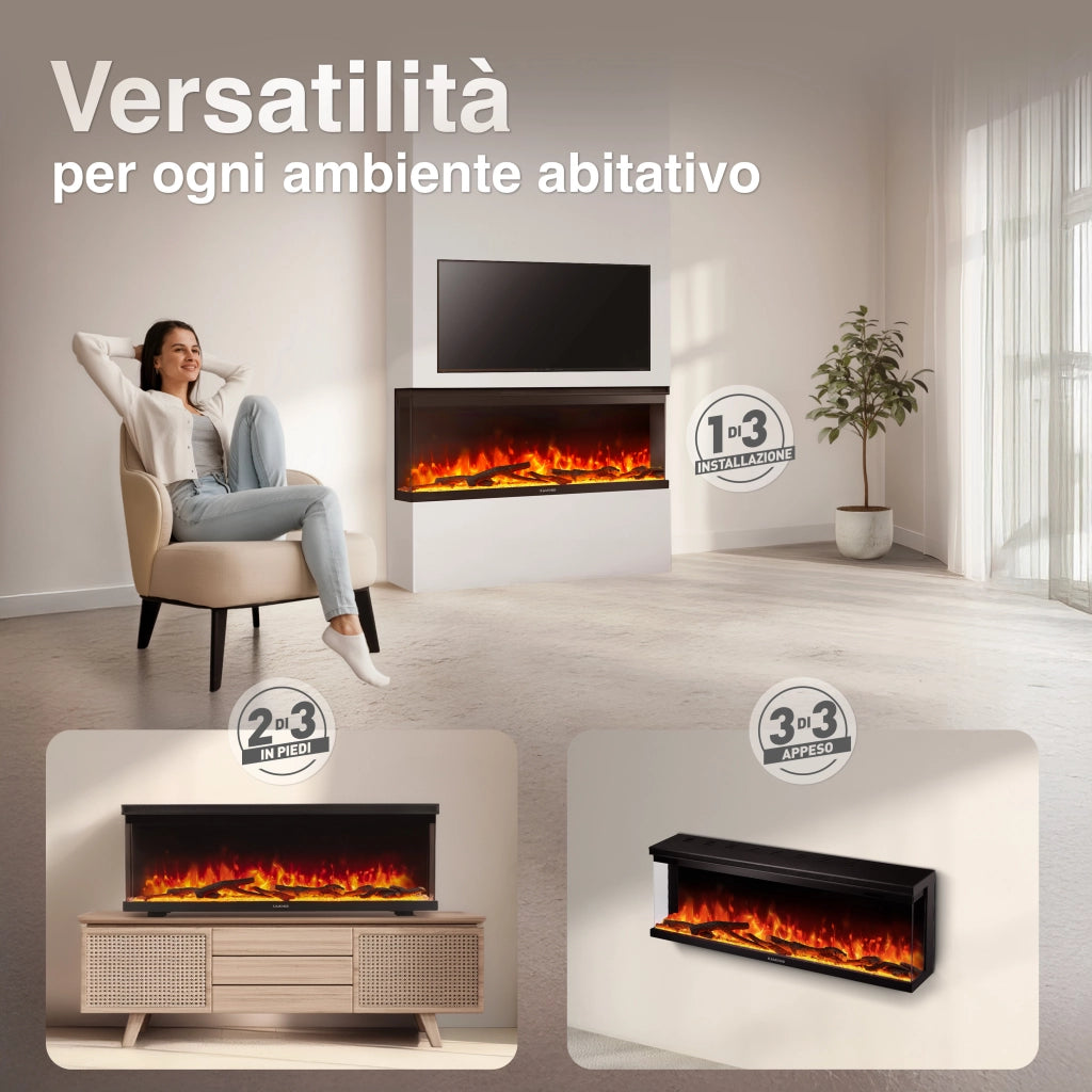 KAMINIO Camino elettrico LEA - Camino 3 in 1 con vista panoramica, riscaldamento, effetto fiamma, 12 colori delle fiamme, telecomando - 50 pollici