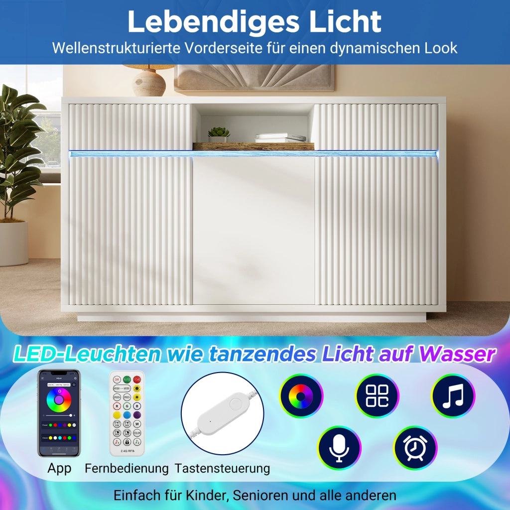 COMÒ bianco 140x40x85 cm con LED, 2 cassetti e 3 ante