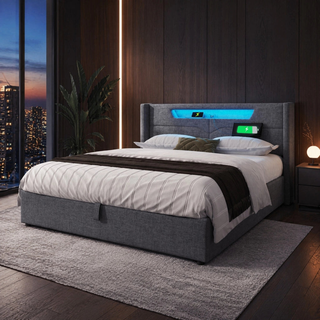 LETTO Contenitore LED 160x200 cm Lino Grigio USB Type C