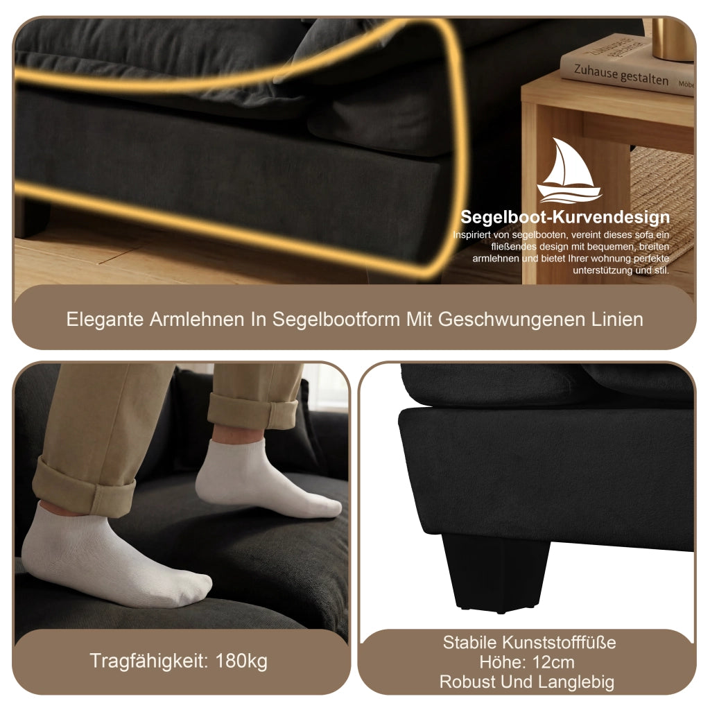 Divano Angolare Modulare 2 Pouf 2 Cuscini in Chenille Nero 194 × 151 × 90 cm