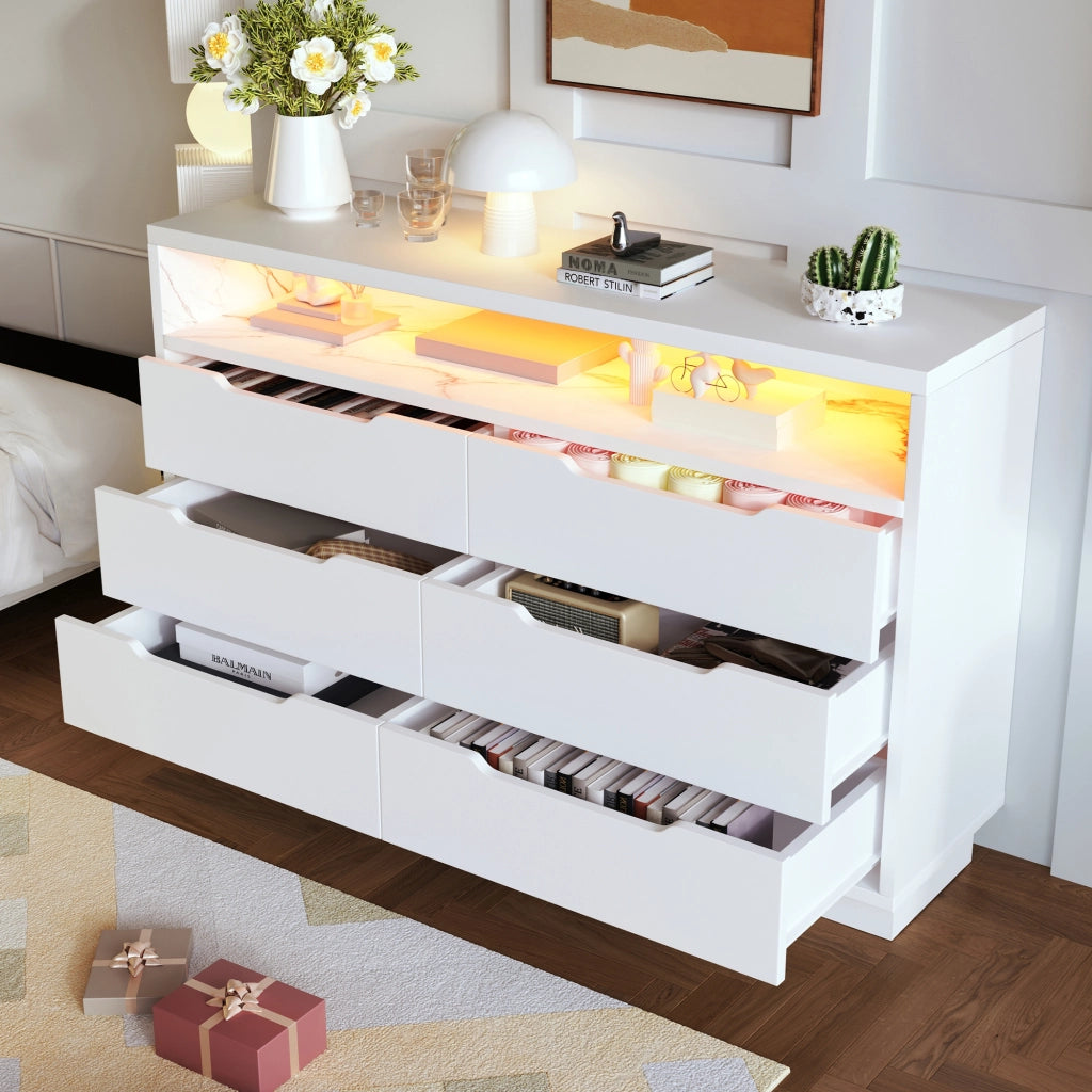 CREDENZA LED 120x40x85 cm Bianca con 6 cassetti