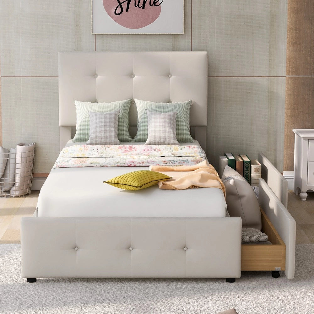 Letto Singolo Imbottito con Cassetti e Rete ¨C MINIMAL ¨C Velluto Beige 90x200