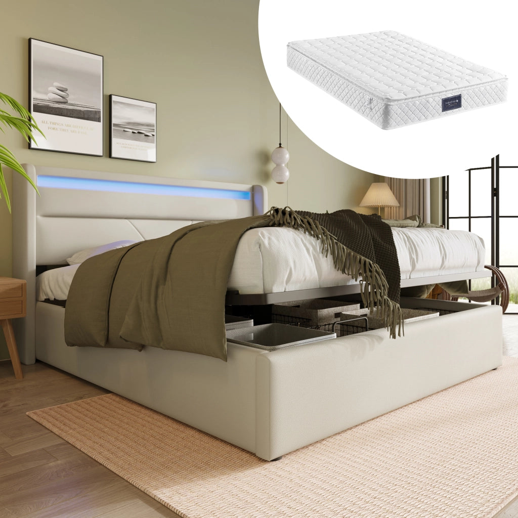 DESMIU Letto contenitore 140 × 200 cm 2 posti con LED, vano idraulico, senza materasso, in PU, bianco