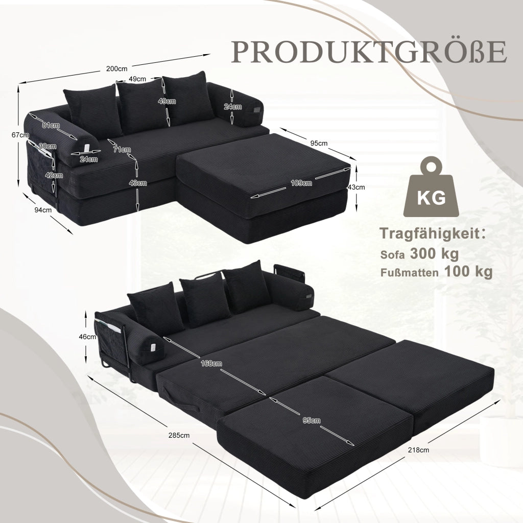 DIVANO modulare in velluto a coste 200x190x67 cm nero con 3 cuscini e pouf