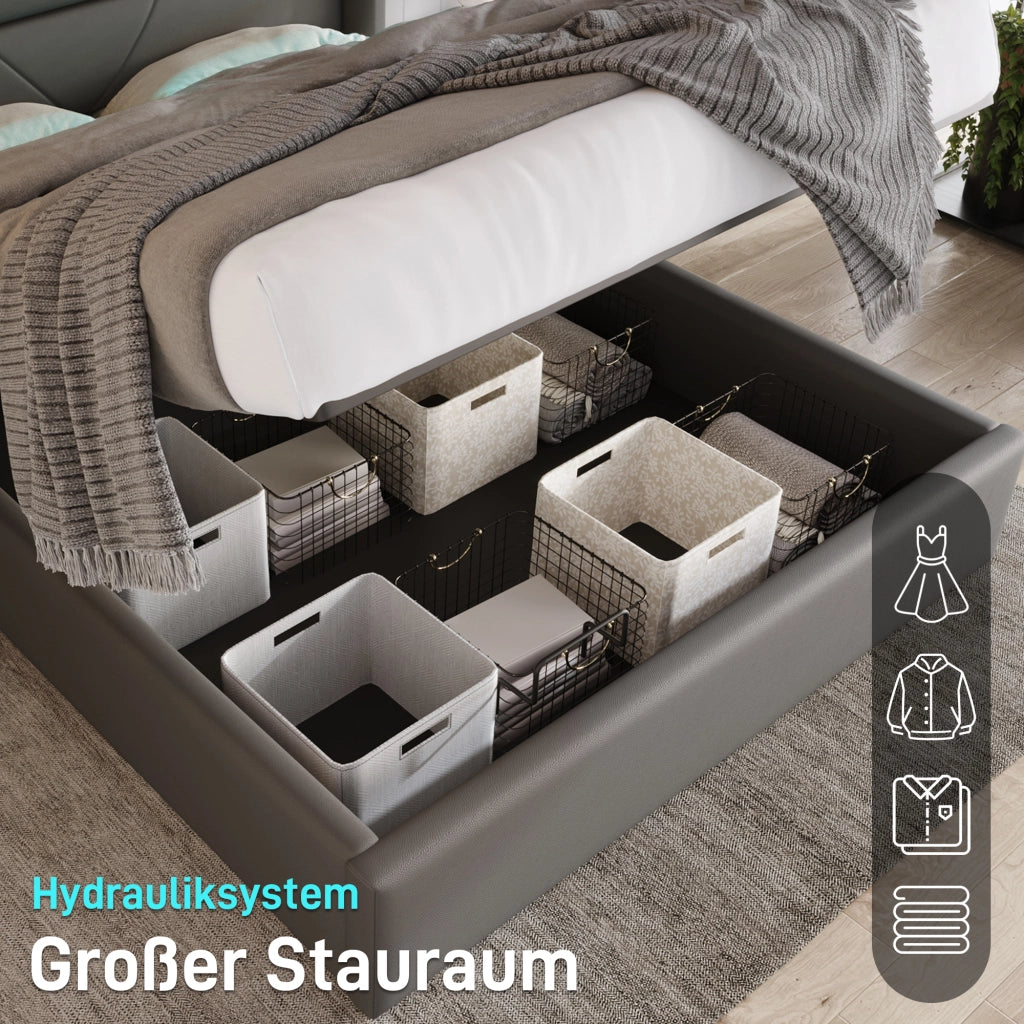 LETTO Contenitore 140x200 cm in PU Grigio con LED e telecomando
