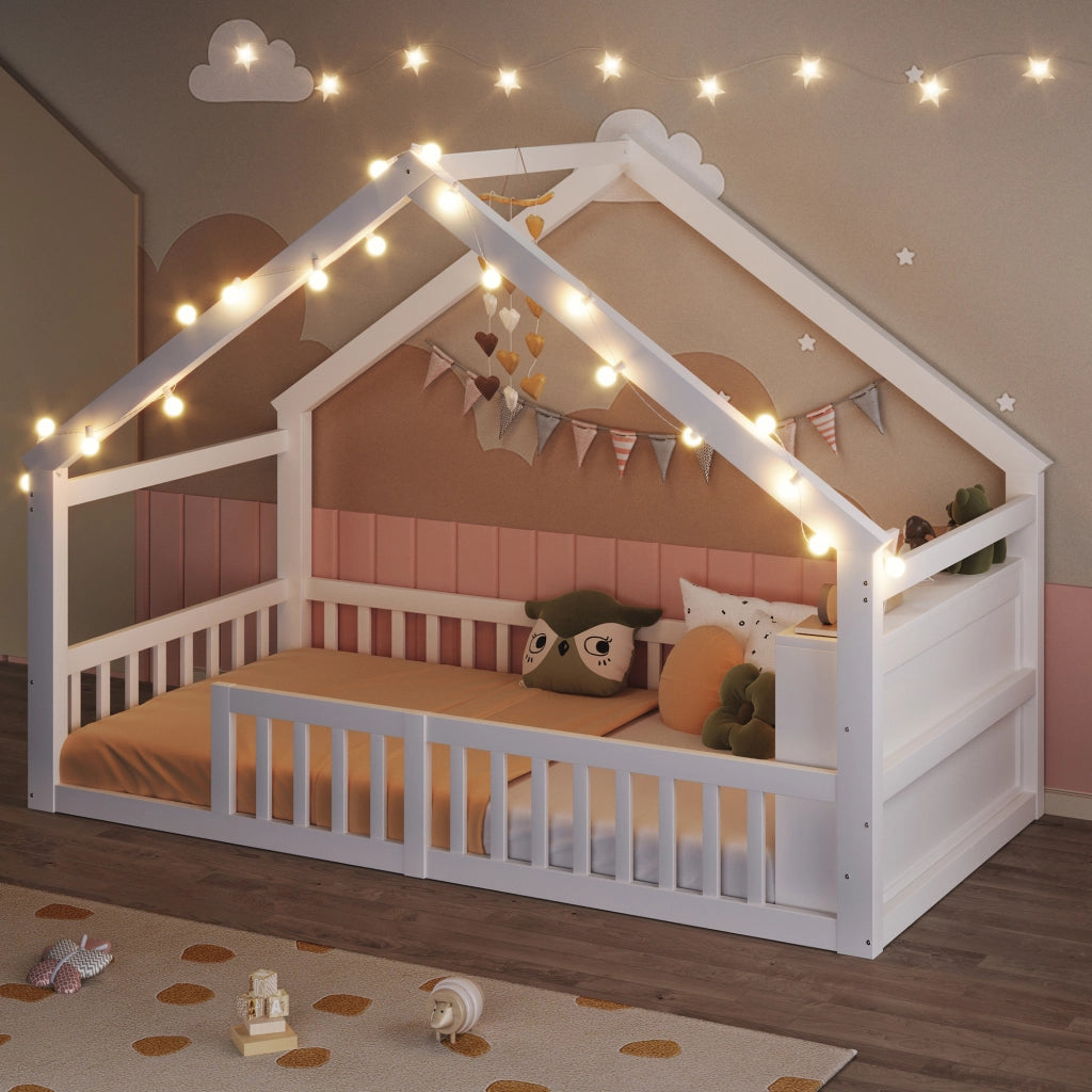 LETTO per bambini a casetta con sponde 90x190 cm in legno bianco