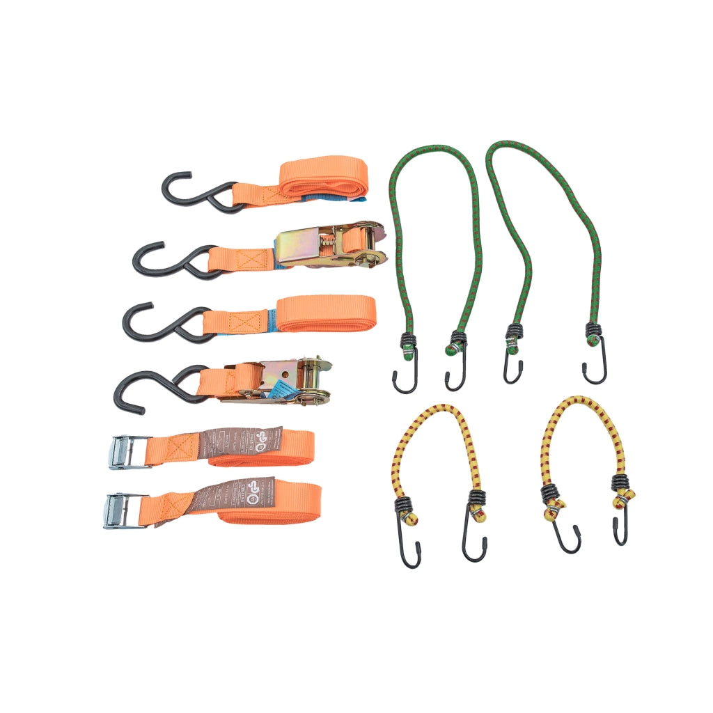Cinghia di ancoraggio in Kit 8 pz. con tenditori e cavo elastico in confezione riutilizzabile