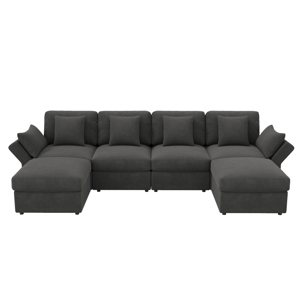 Divano modulare angolare U in corduroy grigio, 4-6 posti, con pouf spostabili e braccioli regolabili